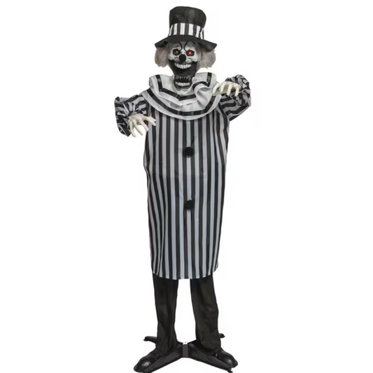 5.6 Ft Black White Clown with Pop-Up Jaw animated Halloween prop