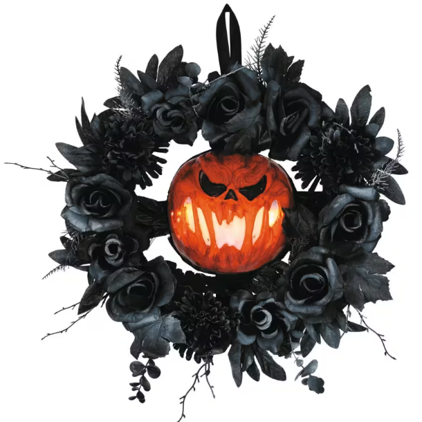 17" Jack 0 Lantern &amp; Roses Lighted Halloween Wreath