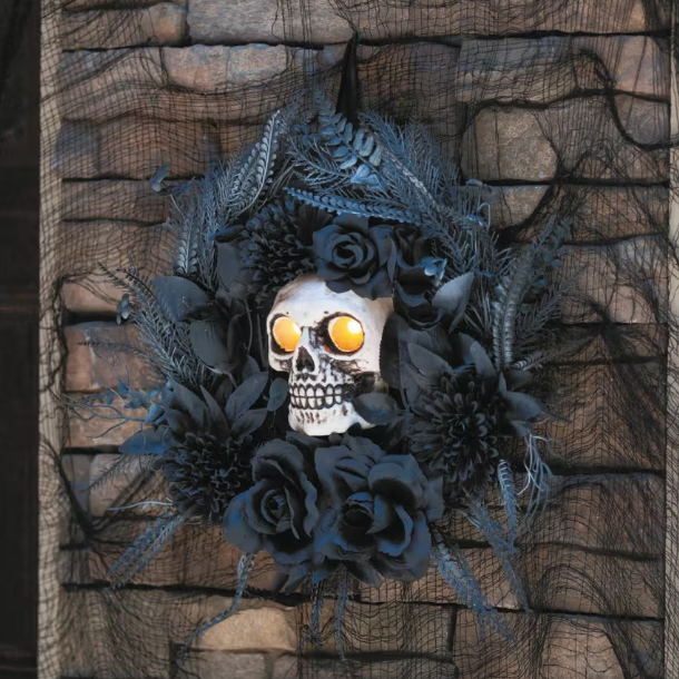 15" Skull &amp; Feather Gothic Lights Sound Halloween Wreath