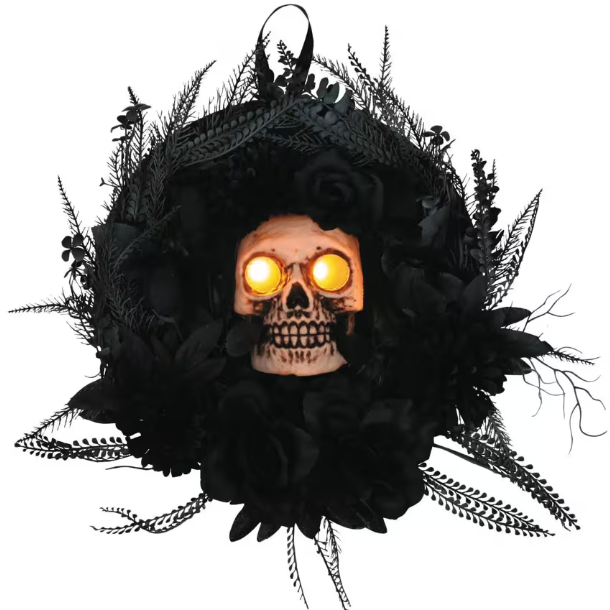 15" Skull &amp; Feather Gothic Lights Sound Halloween Wreath