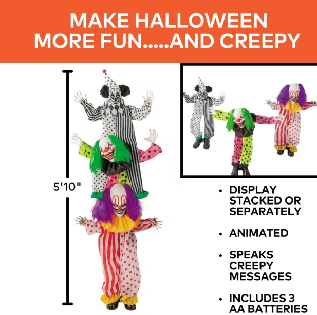 5 Ft 10" Scary Animated Stacked Clowns Halloween prop
