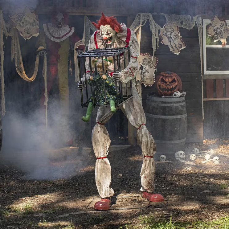 7 Ft Cagey the Clown with Kid Animated Halloween Prop