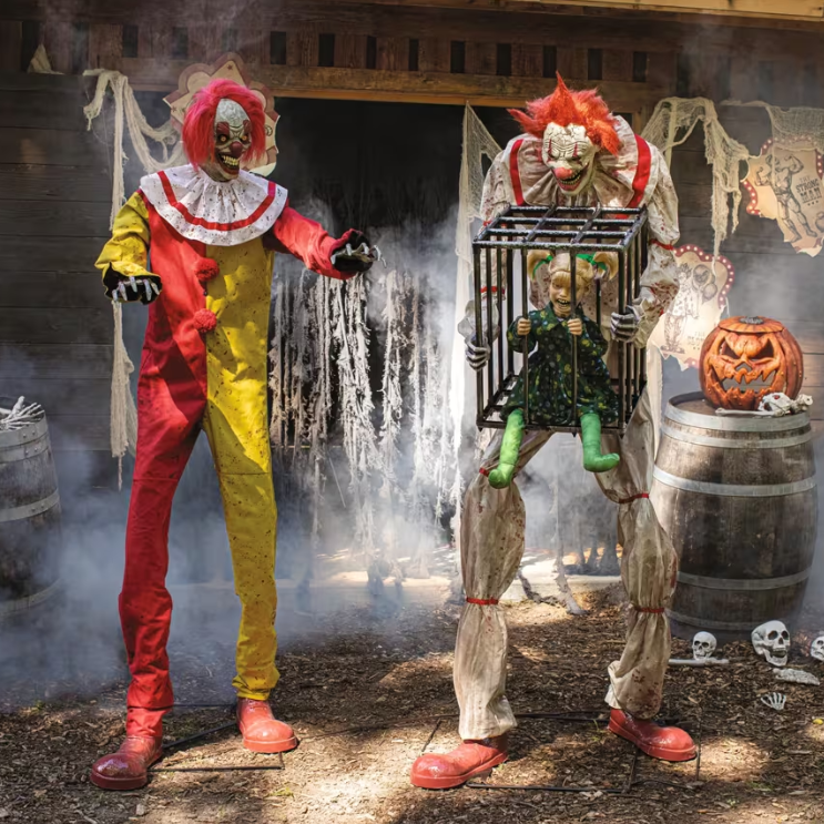 7 Ft Cagey the Clown with Kid Animated Halloween Prop