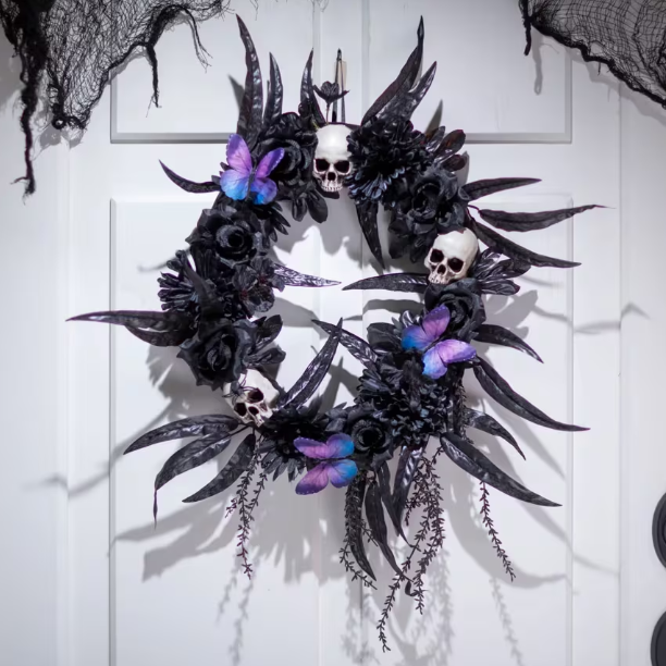 25" Dark Floral Wreath with Skulls, Spiders & Butterflies Halloween decoration