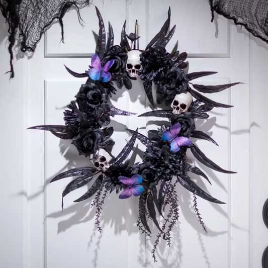 25" Dark Floral Wreath with Skulls, Spiders & Butterflies Halloween decoration