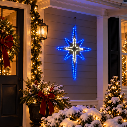 28-inch blue and cool white LED Bethlehem Star hanging on a decorated Christmas porch with illuminated garlands and snowy greenery.