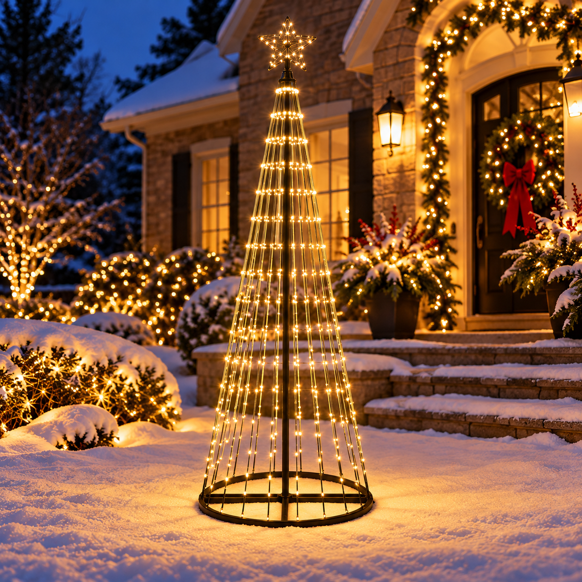 6 Ft warm white animated LED Christmas light show tree with 360 lights and glowing star topper displayed in a snowy front yard beside a beautifully decorated home at dusk.