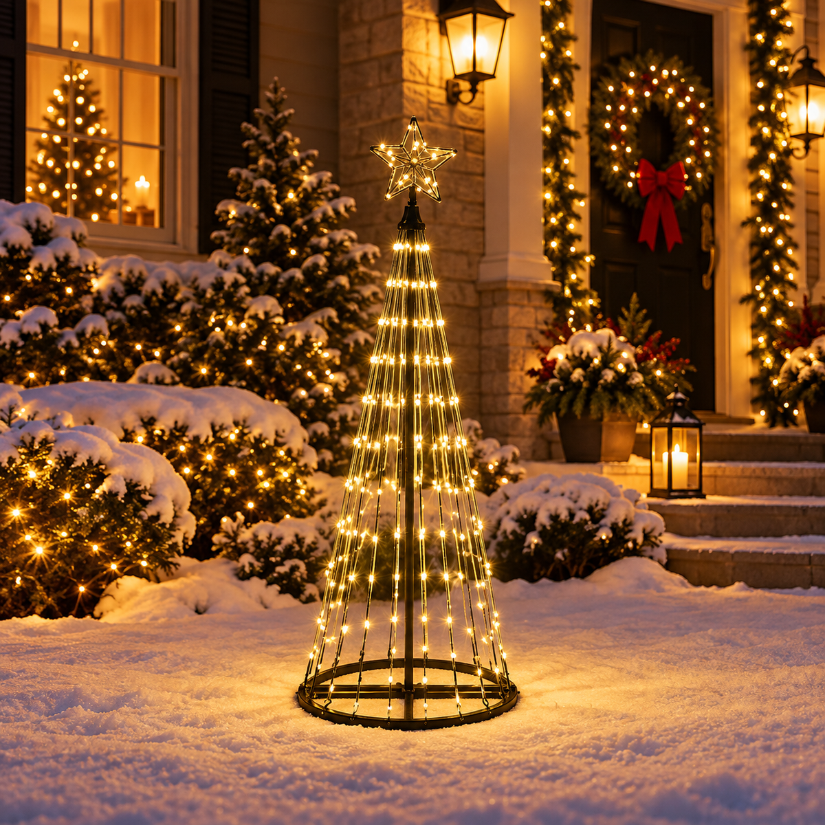 4 Ft warm white animated LED Christmas light show tree with 240 lights and glowing star topper displayed in a snowy front yard beside a decorated holiday porch.