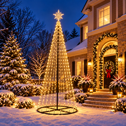 Giant 12 Ft warm white animated LED Christmas light show tree with 700 glowing lights and starburst topper displayed in a snowy front yard beside a decorated two-story home at dusk.