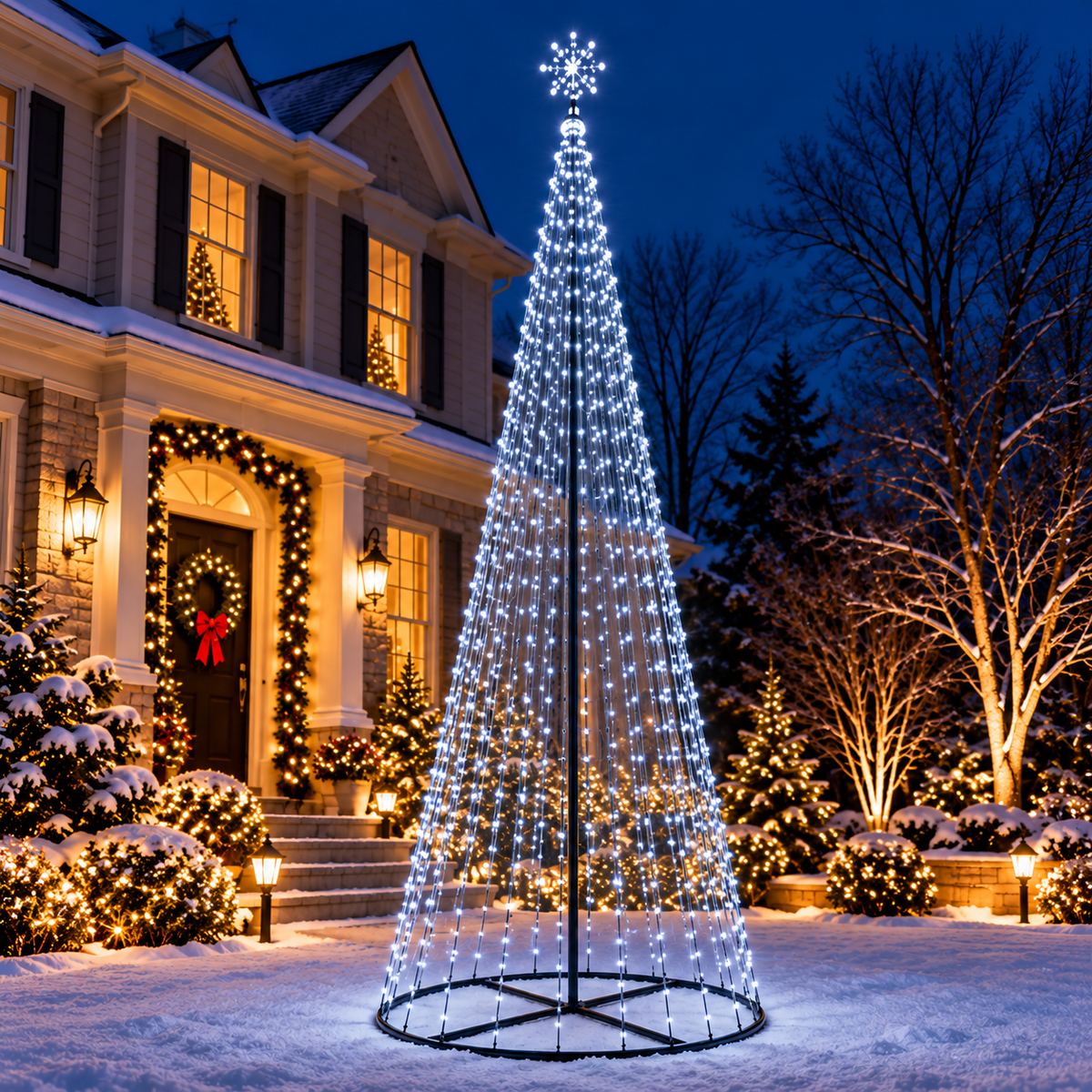 Giant 12 Ft cool white animated LED Christmas light show tree with 700 lights and illuminated star topper displayed in a snowy front yard beside a decorated two-story home.
