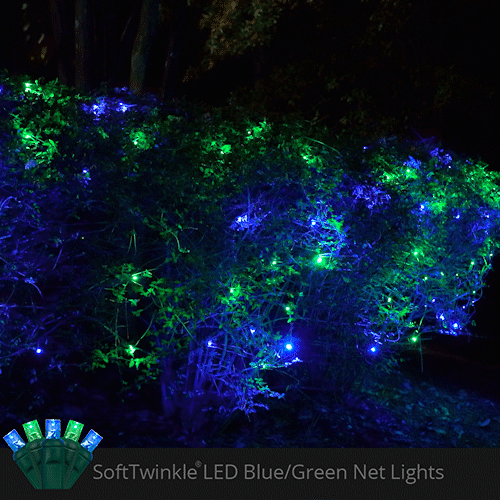 Blue and Green 70 LED 5mm SoftTwinkle Christmas net lights on green wire