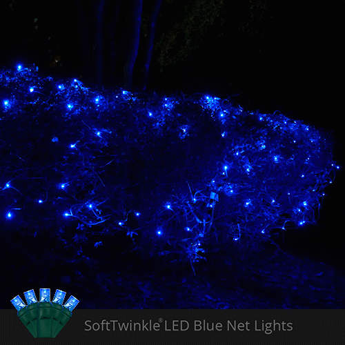 Blue 70 LED 5mm SoftTwinkle Christmas net lights on green wire