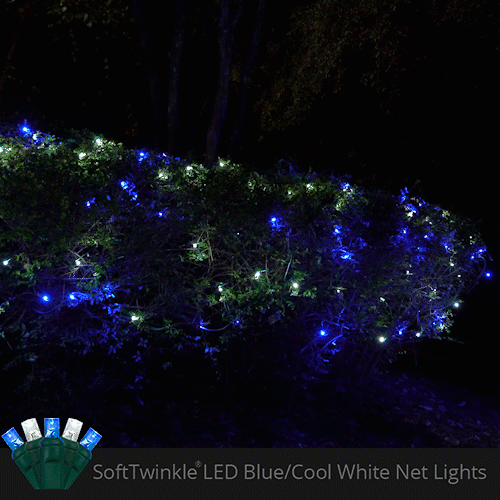 Blue and cool White 70 LED 5mm SoftTwinkle Christmas net lights on green wire