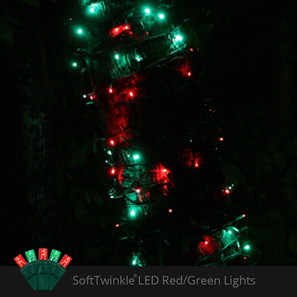 Red and green SoftTwinkle LED Christmas lights showing a gentle shimmering twinkle effect