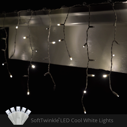 Cool White 70 LED 5mm SoftTwinkle icicle Christmas lights on white wire
