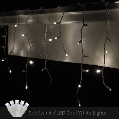 Cool White 70 LED 5mm SoftTwinkle icicle Christmas lights on white wire