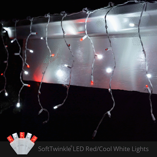 Red and Cool White 70 LED 5mm SoftTwinkle icicle Christmas lights on white wire