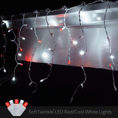 Red and Cool White 70 LED 5mm SoftTwinkle icicle Christmas lights on white wire