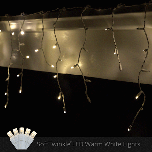 Warm White 70 LED 5mm SoftTwinkle icicle Christmas lights on white wire