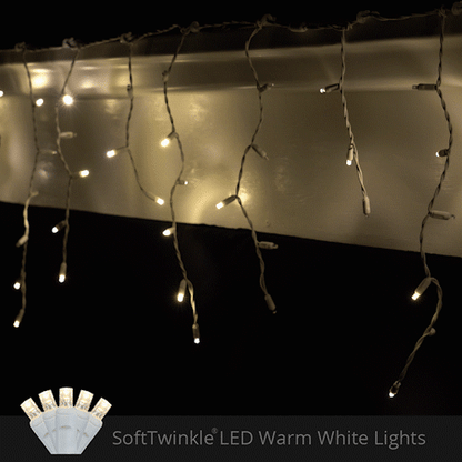 Warm White 70 LED 5mm SoftTwinkle icicle Christmas lights on white wire
