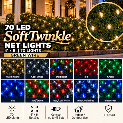 70 LED 5mm SoftTwinkle® Christmas Net Lights – 4' x 6', Green Wire