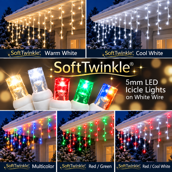 70 LED 5mm SoftTwinkle icicle Christmas lights on white wire in multiple colors
