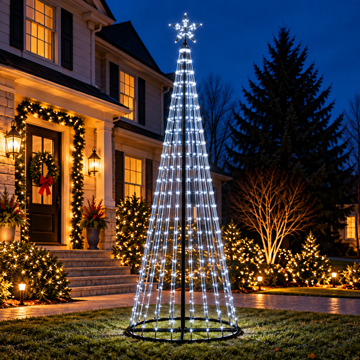 9 Ft cool white animated LED Christmas light show tree with glowing star topper displayed in a decorated residential front yard at night.