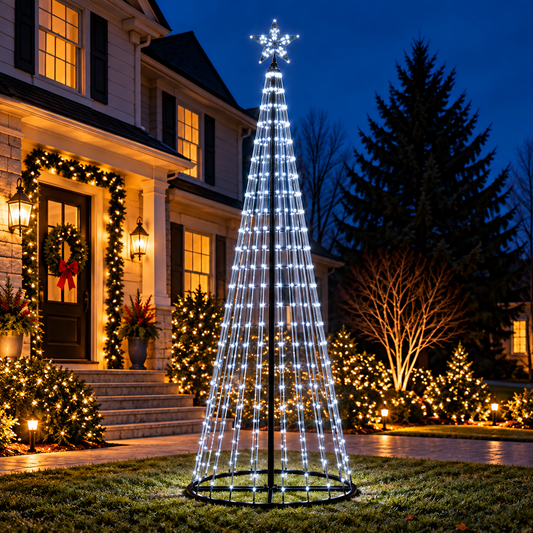 9 Ft cool white animated LED Christmas light show tree with glowing star topper displayed in a decorated residential front yard at night.
