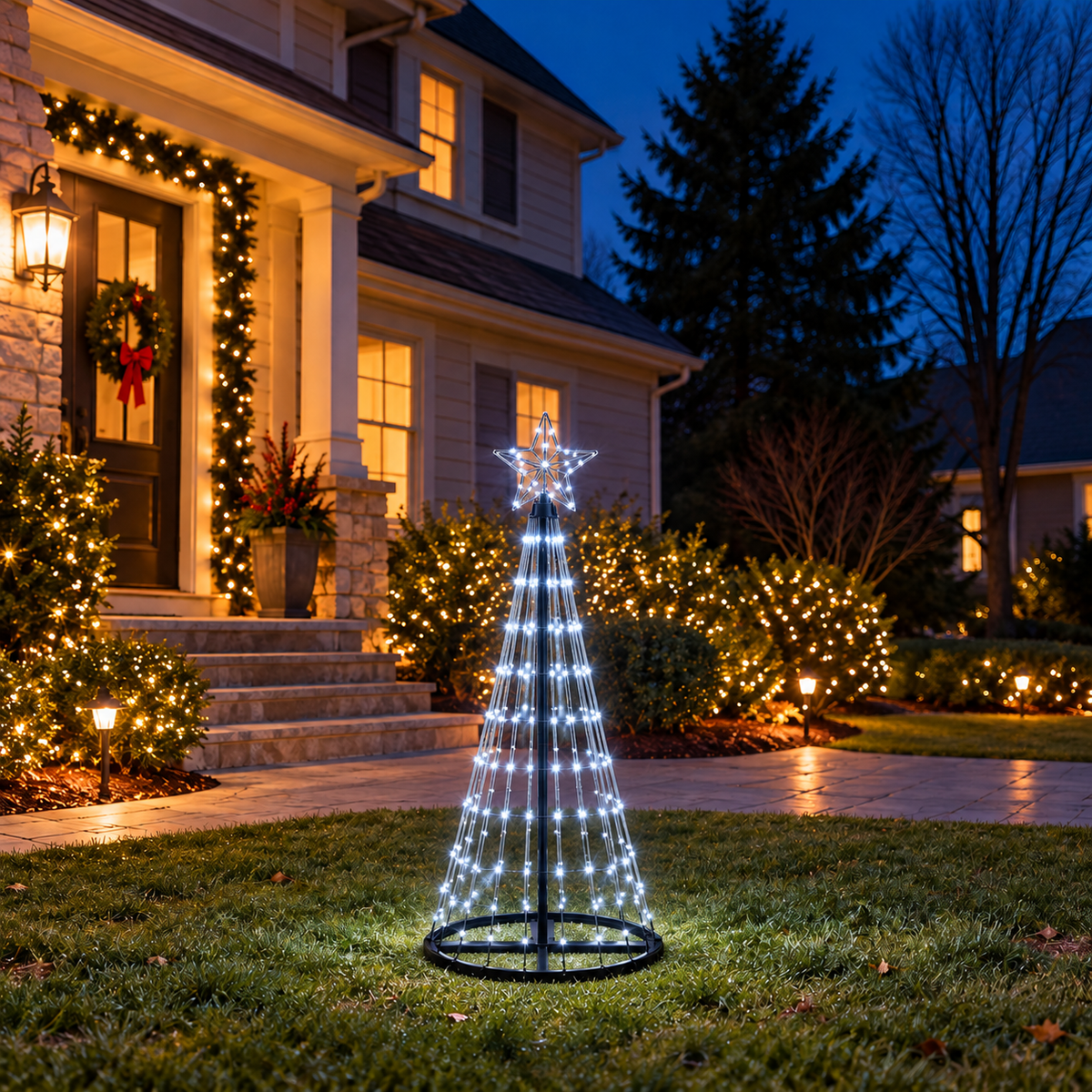 4 Ft cool white animated LED Christmas light show tree displayed in a decorated front yard at dusk with white star topper and black circular base.