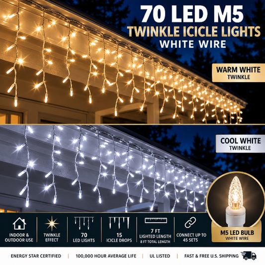 70 LED M5 Twinkle icicle Christmas lights on white wire in Warm White and Cool White