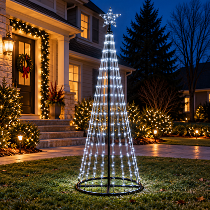6 Ft cool white animated LED Christmas light show tree with illuminated star topper displayed in a beautifully decorated residential front yard at dusk.