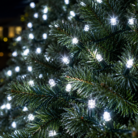 Cool White SoftTwinkle LED Christmas string lights illuminating evergreen branches