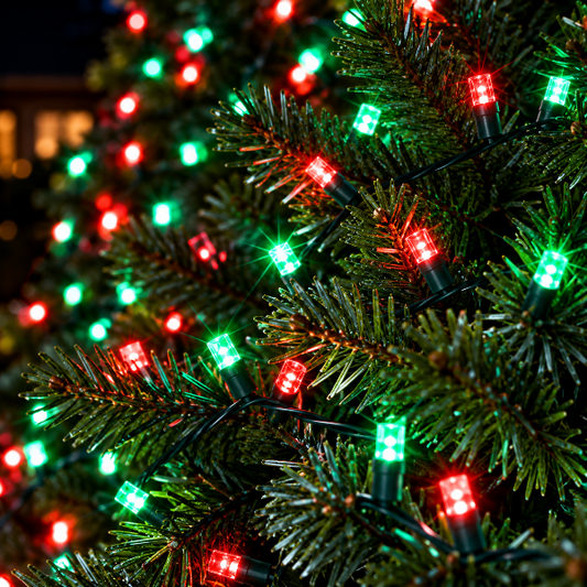 Red and green 5mm SoftTwinkle LED Christmas lights glowing on evergreen branches with green wire