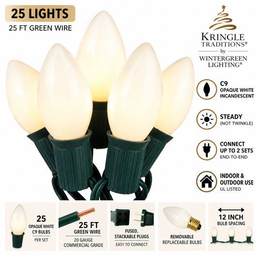 C9 opaque white incandescent Christmas string lights with 25 bulbs on green wire, available in 1 or 2 sets.