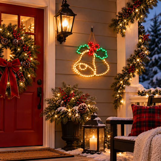 20-inch LED Christmas bells with glowing holly leaves and red berries hanging on a festively decorated Christmas porch with snowy greenery.
