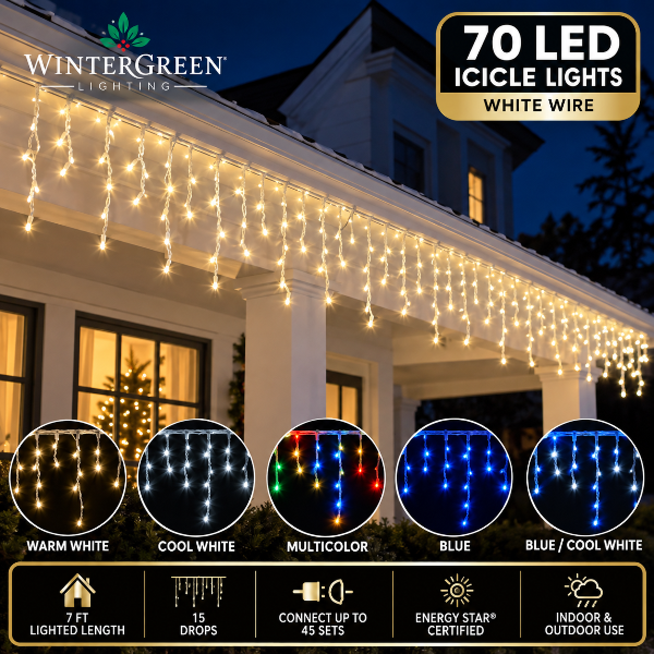 70 LED M5 icicle Christmas lights on white wire in multiple colors