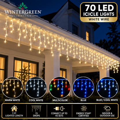 70 LED M5 icicle Christmas lights on white wire in multiple colors