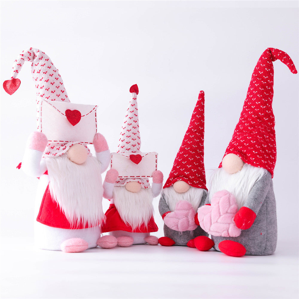 Four Valentine-themed gnomes with red hats and hearts on a white background