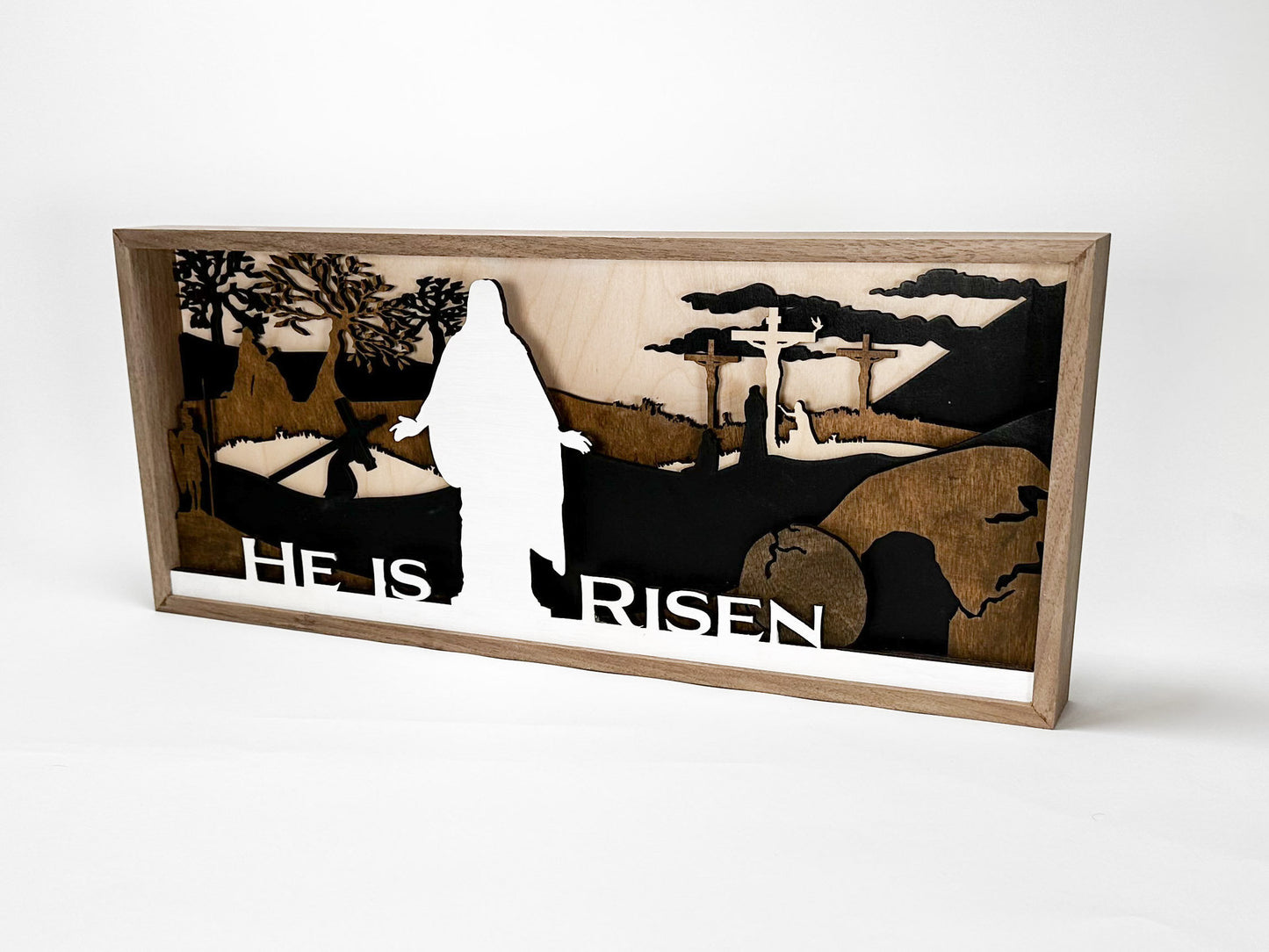 “He Is Risen” 3D Boxwood Shadow Box – Easter Faith Décor