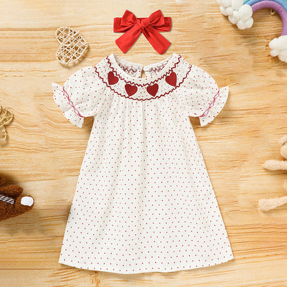 Baby Girl Valentine's Day Dress Short Sleeve Red Heart Embroidery with Headband