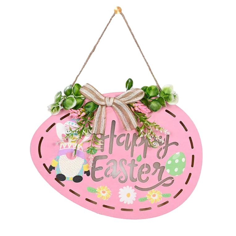 Pink 'Happy Easter' sign with bunny and flowers hanging Easter decoration