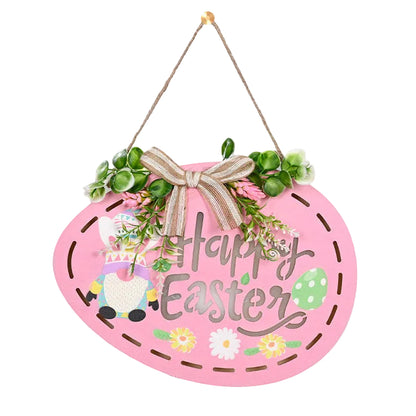 Pink 'Happy Easter' sign with bunny and flowers hanging Easter decoration