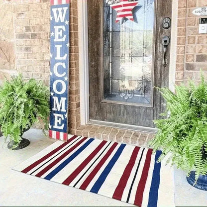 red white and blue striped Americana door mat. July fourth decortion