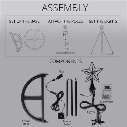 Wintergreen Lighting animated Christmas light show tree assembly diagram showing center pole, circular base, star topper and frame components.