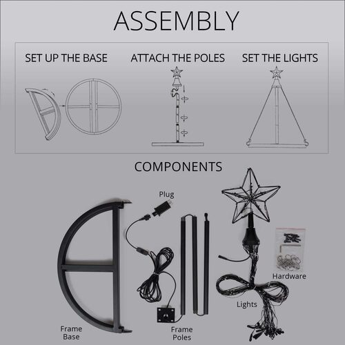 Wintergreen Lighting animated LED Christmas tree assembly diagram showing circular base, center pole, star topper and components.