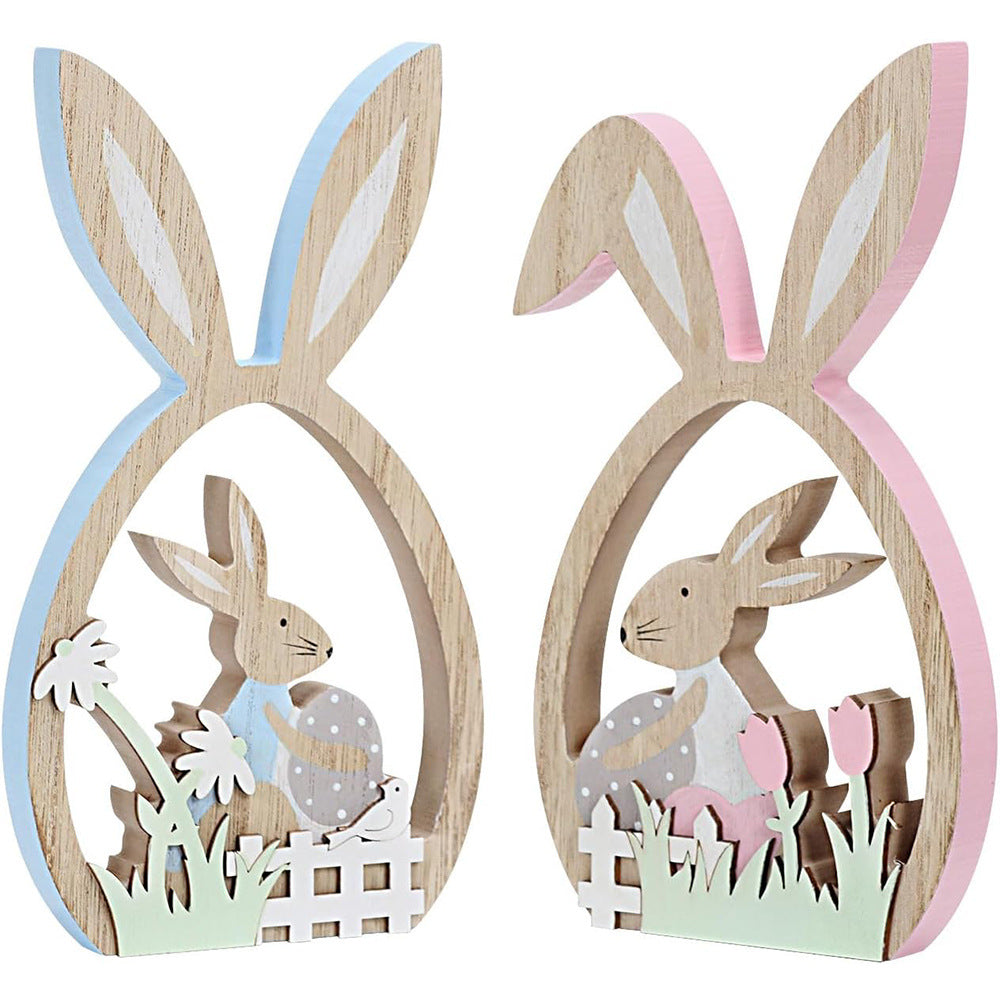 2 Pcs Easter Wooden Decorative Egg & Bunnies