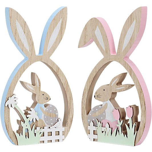 2 Pcs Easter Wooden Decorative Egg & Bunnies - Holiday Spirit Shop