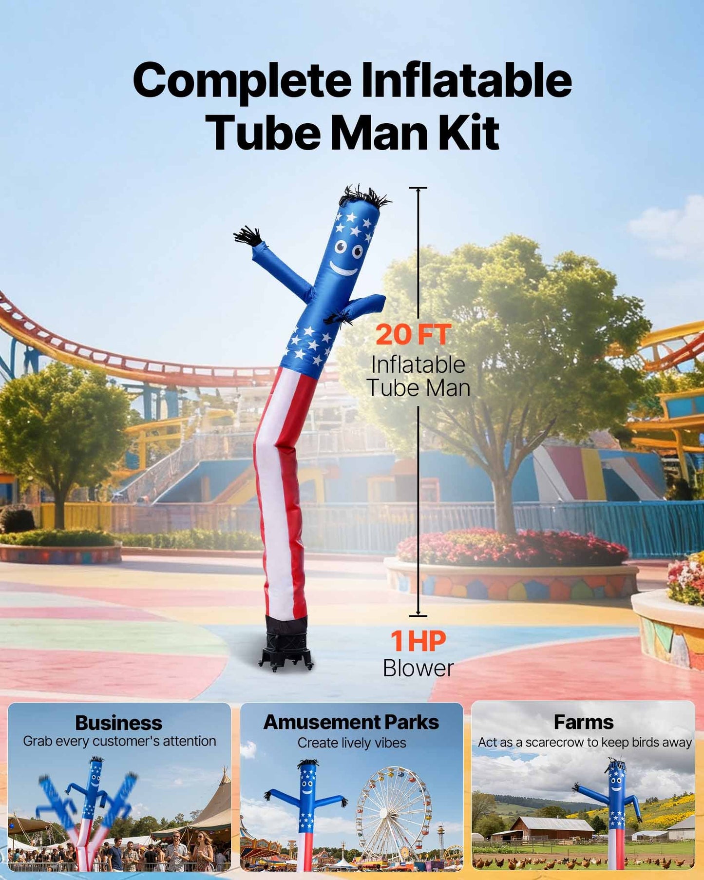 20 FT Giant Inflatable Waving Tube Man – Stars & Stripes with Blower Included - Holiday Spirit Shop