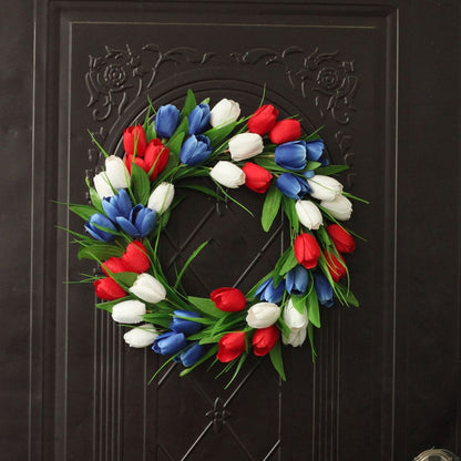 Red, White & Blue Tulip Wreath – 16” Patriotic Door Décor