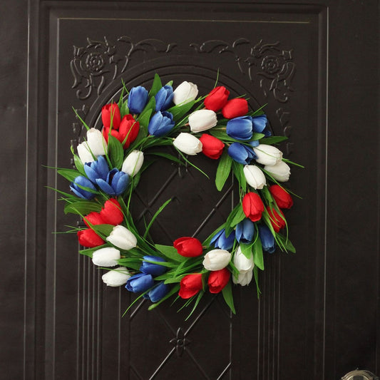 Red, White & Blue Tulip Wreath – 16” Patriotic Door Décor